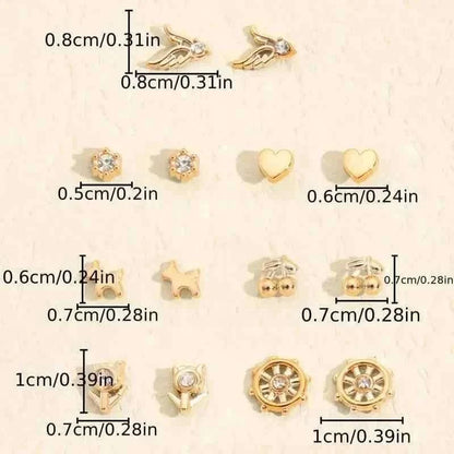 Stud earring size chart showing small gold-tone hearts, stars, squares, and circular designs