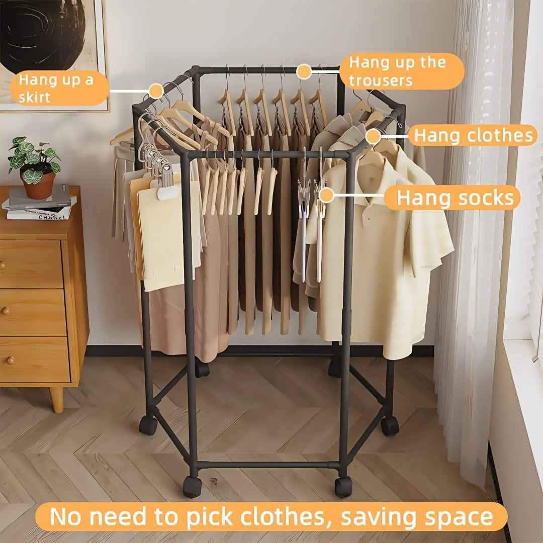 360° Rotating Freestanding Clothing Rack – Hexagonal Carbon Steel Organizer with Wheels - Cartsfy Inc.