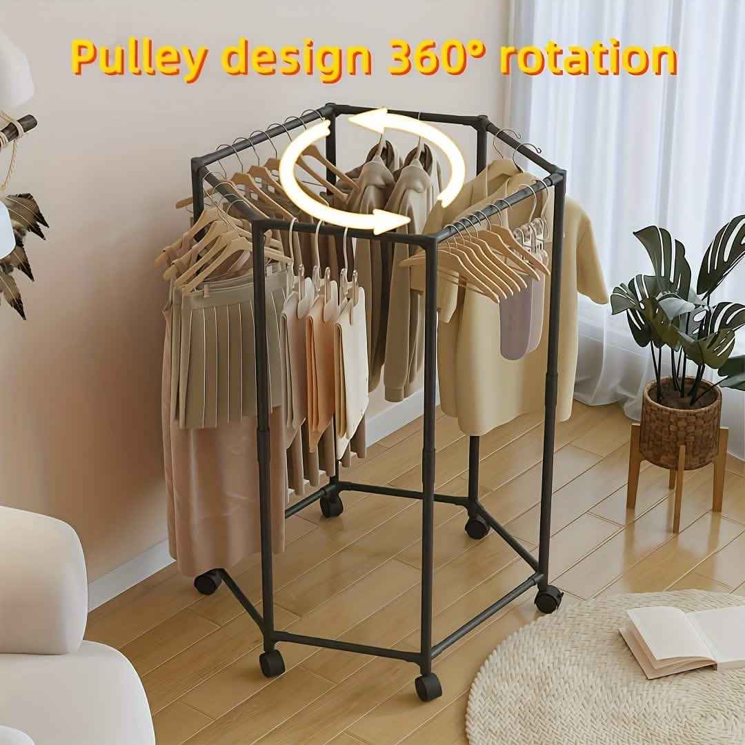 360° Rotating Freestanding Clothing Rack – Hexagonal Carbon Steel Organizer with Wheels - Cartsfy Inc.