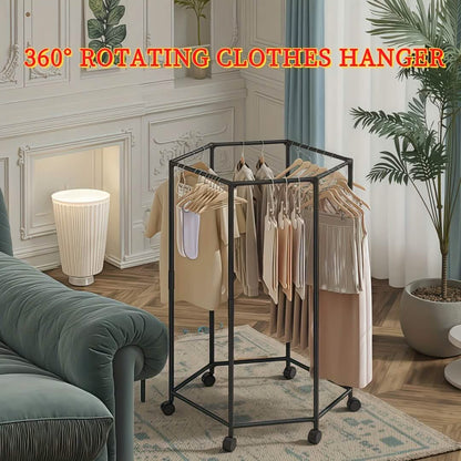 360° Rotating Freestanding Clothing Rack – Hexagonal Carbon Steel Organizer with Wheels - Cartsfy Inc.