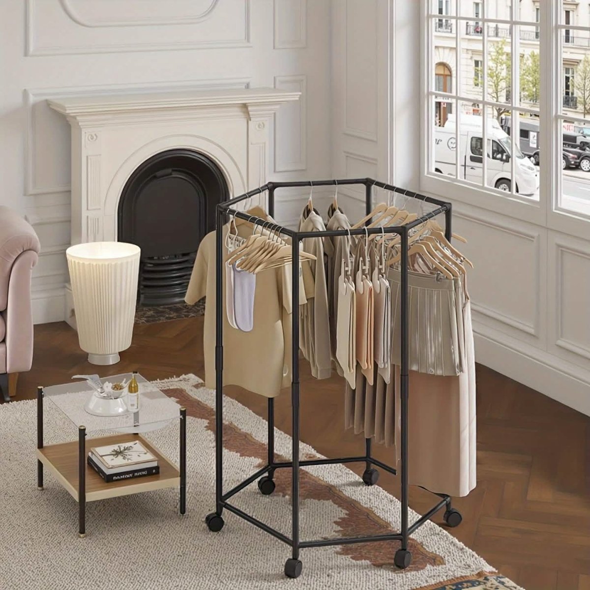 360° Rotating Freestanding Clothing Rack – Hexagonal Carbon Steel Organizer with Wheels - Cartsfy Inc.
