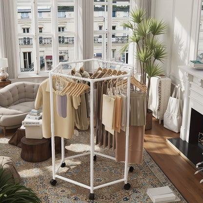 360° Rotating Freestanding Clothing Rack – Hexagonal Carbon Steel Organizer with Wheels - Cartsfy Inc.