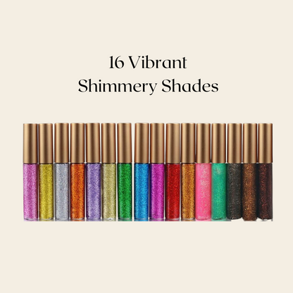 Row of glitter eyeliner tubes in 16 vibrant shimmer shades