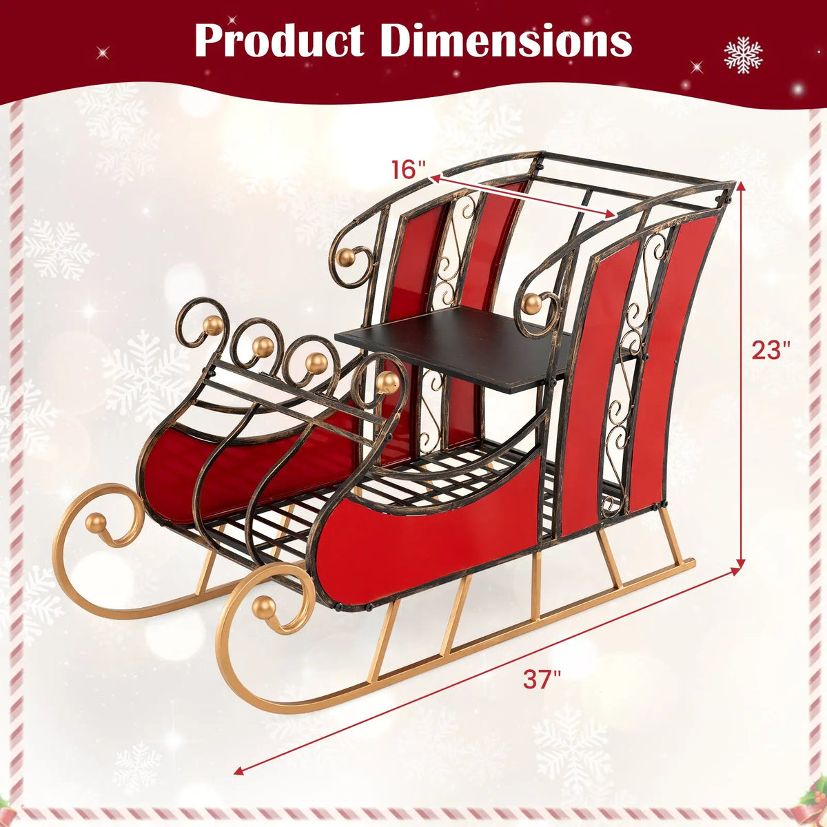 3 FT Christmas Metal Sleigh Decoration Santa Sleigh with 2-Tier Storage Shelf