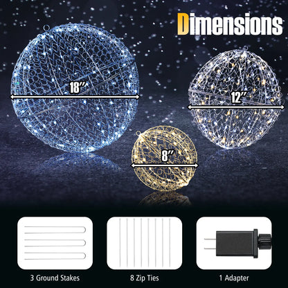 3 Pcs Lighted Christmas Balls Large Standing/Hanging Metal Sphere Lights with 435 LEDs