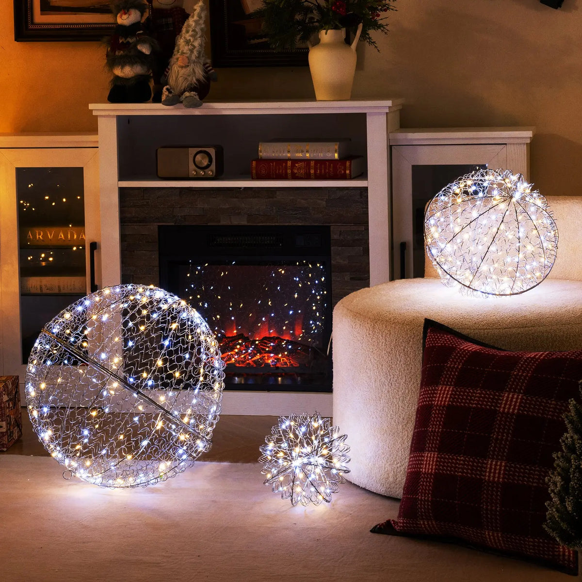 3 Pcs Lighted Christmas Balls Large Standing/Hanging Metal Sphere Lights with 435 LEDs