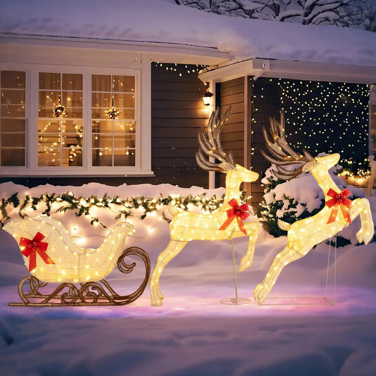 3-Piece Christmas Lighted Reindeer and Sleigh Set for Lawn & Garden