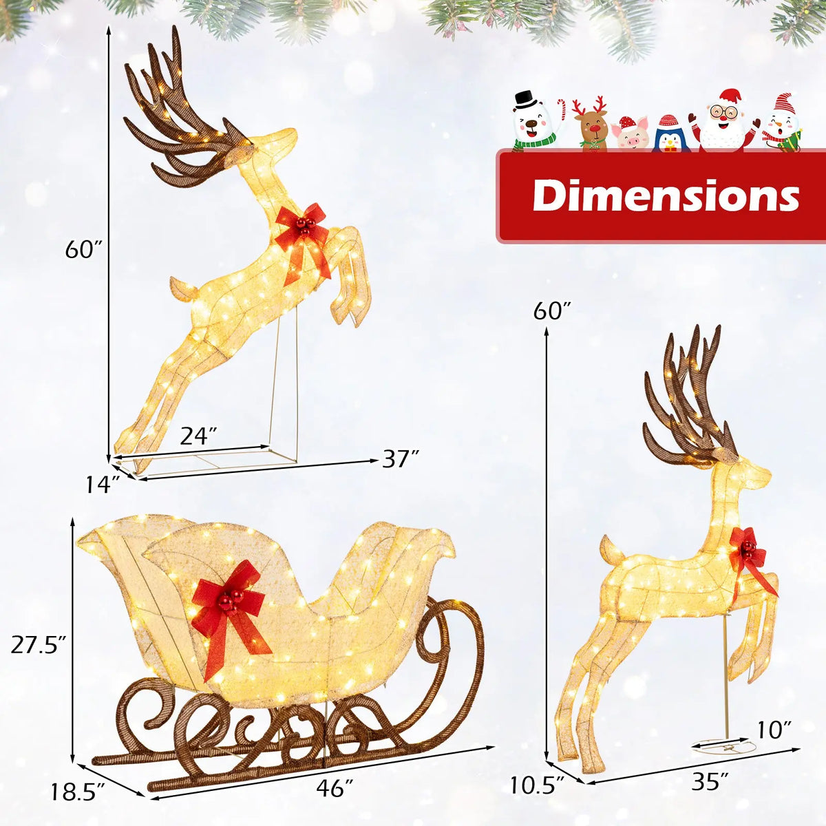 3-Piece Christmas Lighted Reindeer and Sleigh Set for Lawn & Garden