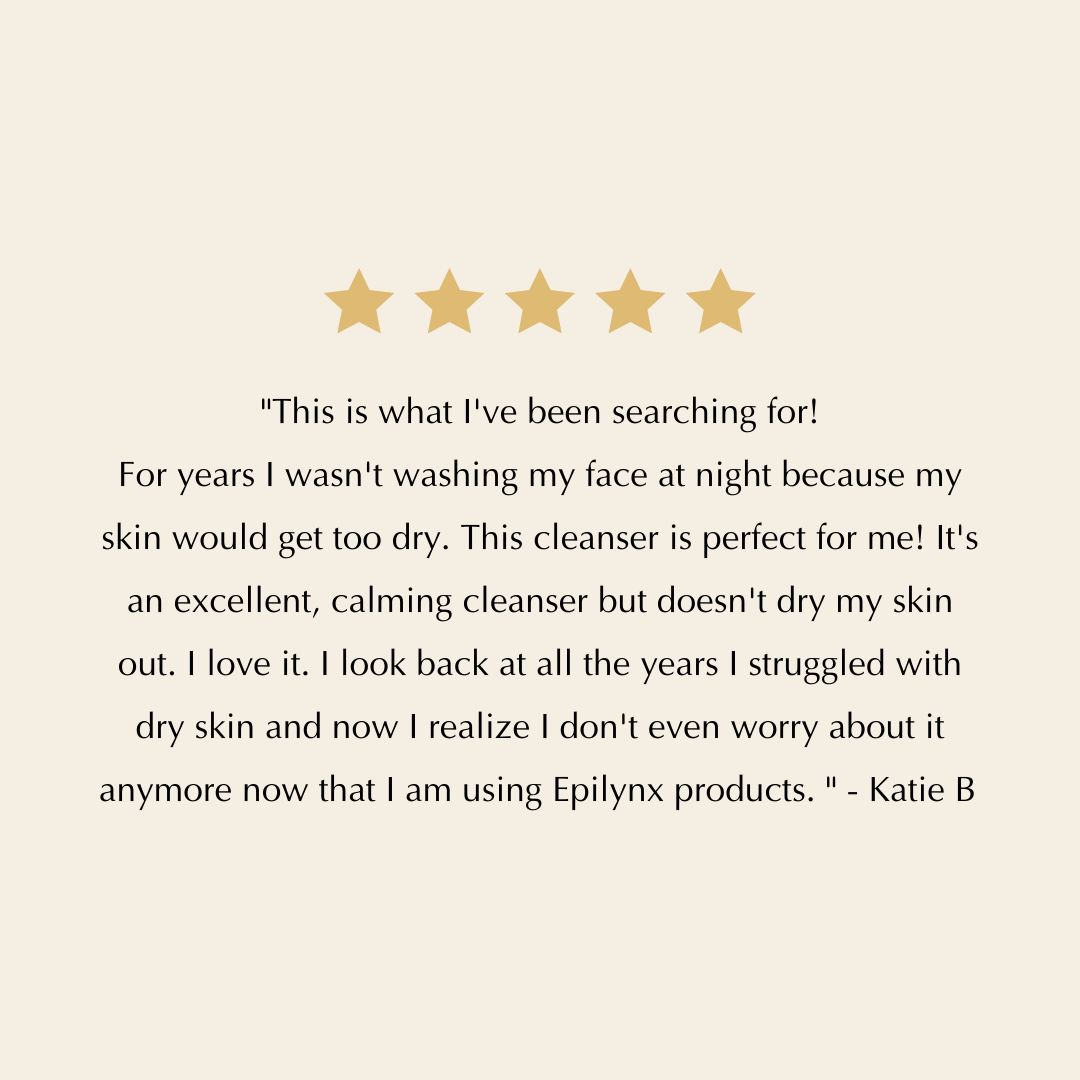 Customer review page with five star rating and text for a facial cleanser.