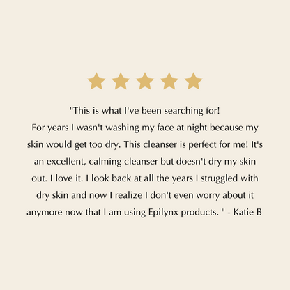 Customer review page with five star rating and text for a facial cleanser.