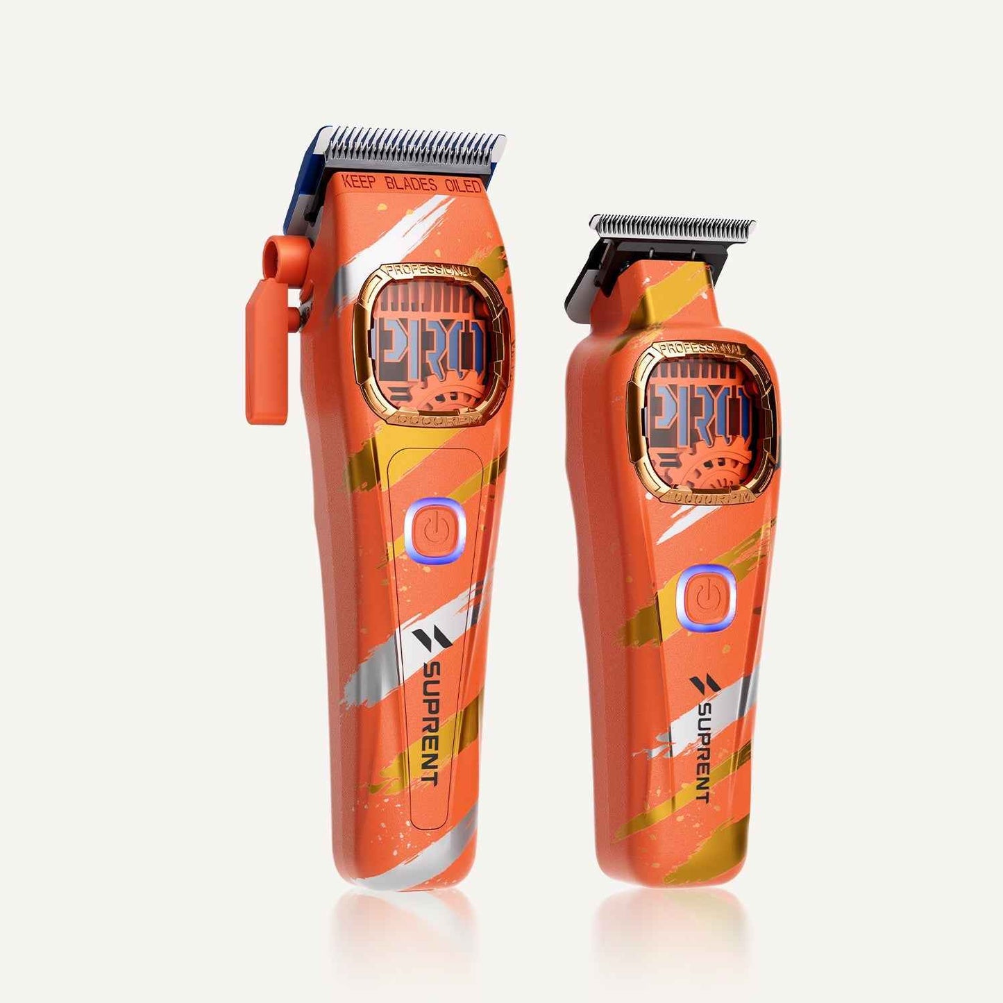 Orange cordless hair clipper and trimmer with metal blade heads