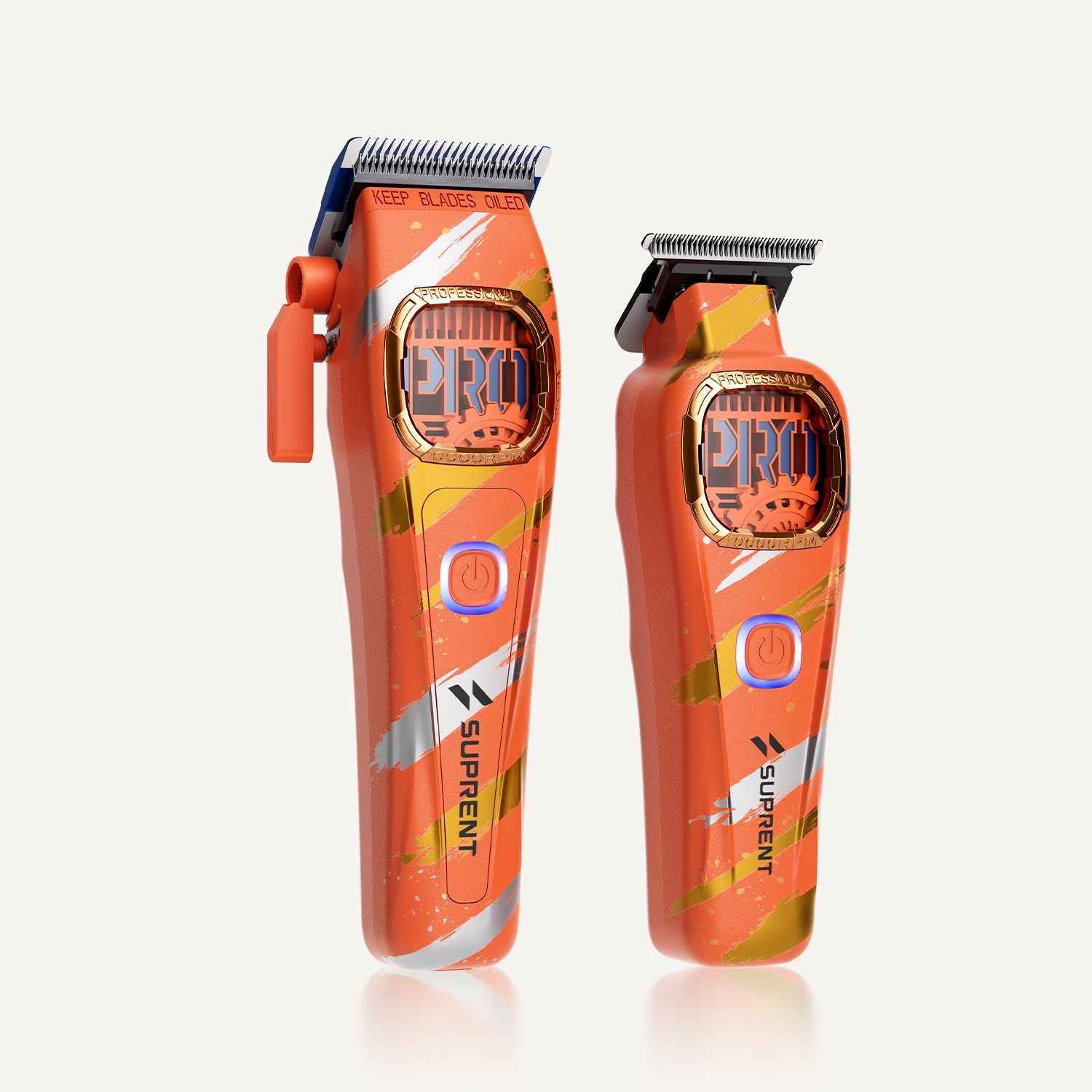 Orange cordless hair clipper and trimmer with metal blade heads