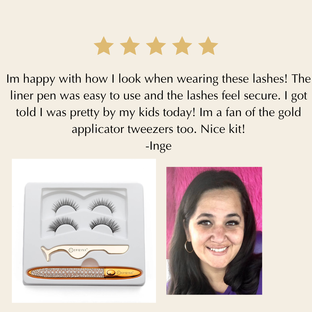 Eyelash kit with false lashes and liner shown beside a customer portrait