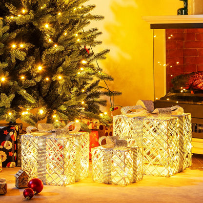 3 Pack Christmas Lighted Gift Box with 50 LED Lights and Detachable Bows