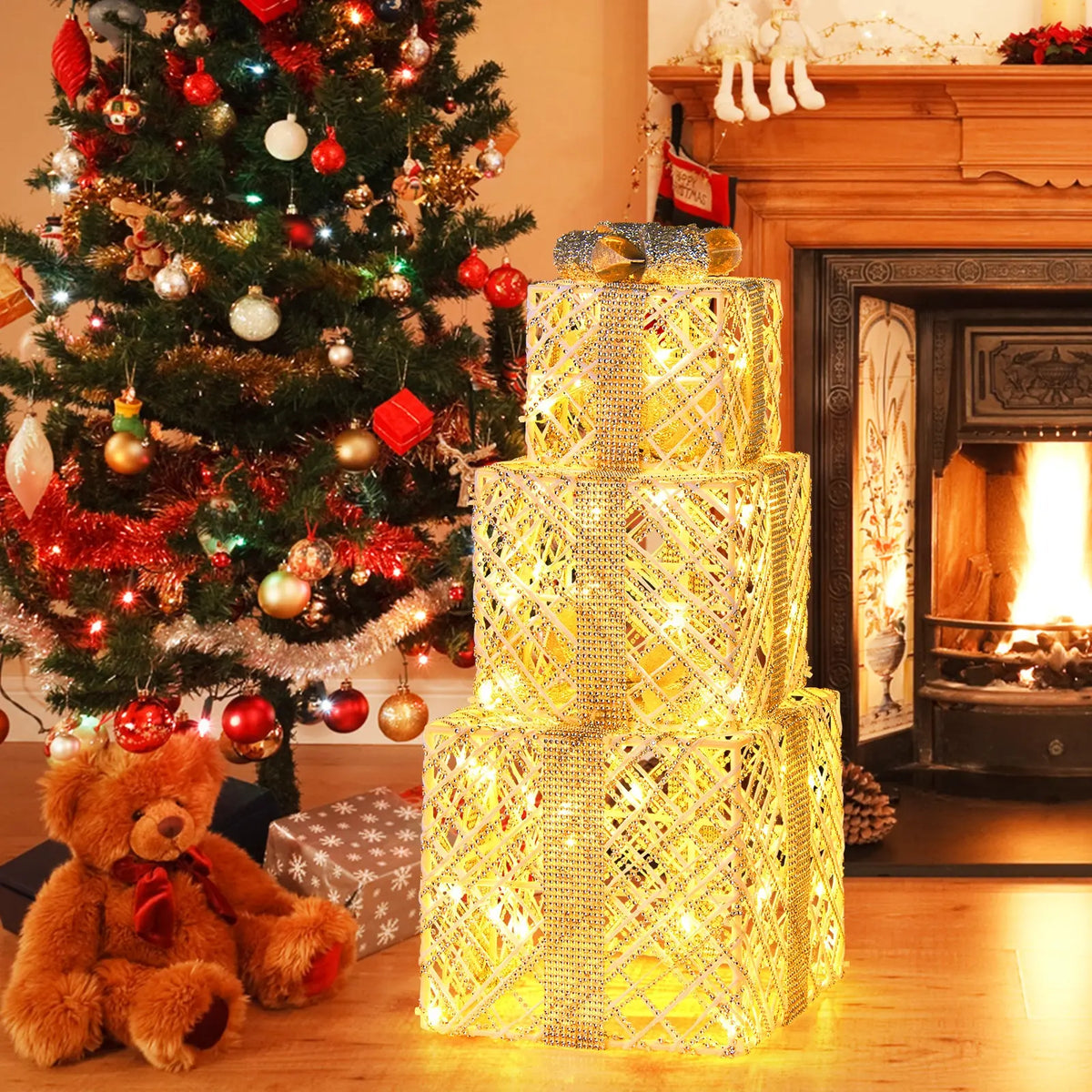 3 Pack Christmas Lighted Gift Box with 50 LED Lights and Detachable Bows