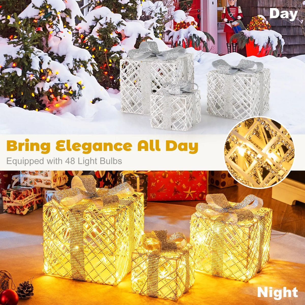 3 Pack Christmas Lighted Gift Box with 50 LED Lights and Detachable Bows