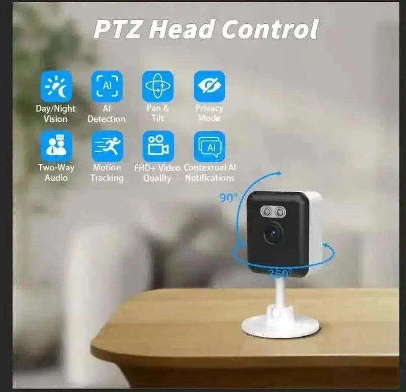 Indoor security camera on tabletop stand with PTZ head control indicators