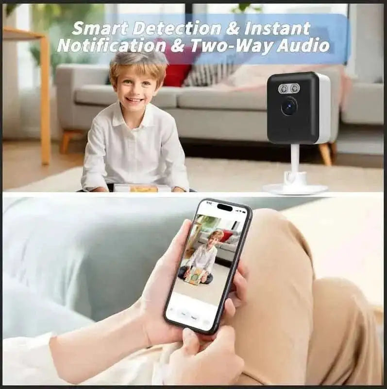 Indoor security camera on stand with smartphone app live preview