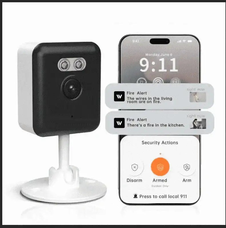 Indoor security camera on tabletop stand, dark gray and white body