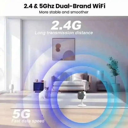 Wall-mounted security camera on stand, showing wireless signal coverage