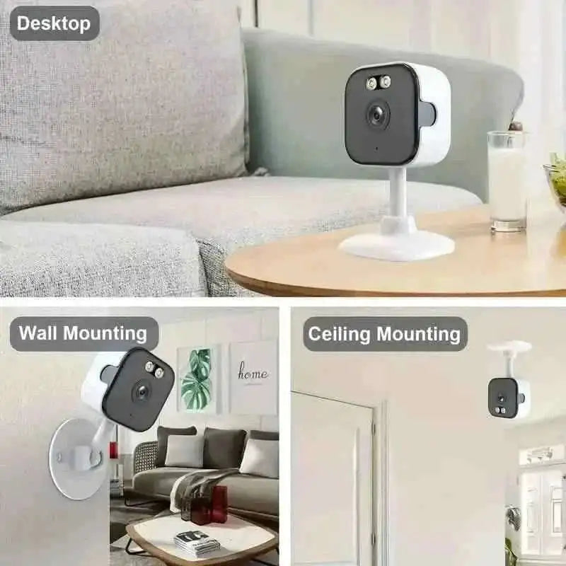 Indoor security camera on white base, shown for wall and ceiling mounting