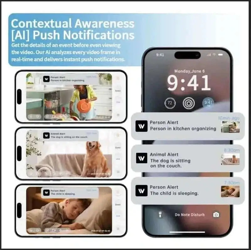 Smart home security camera push notifications shown on smartphone screens