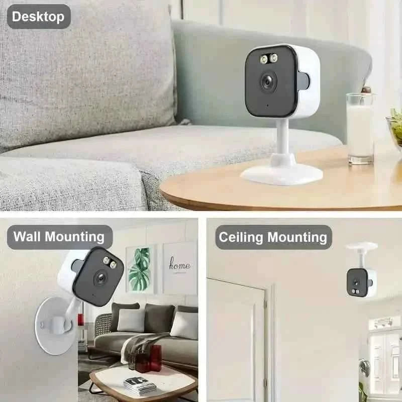 White-and-black security camera on stand with wall and ceiling mounting options