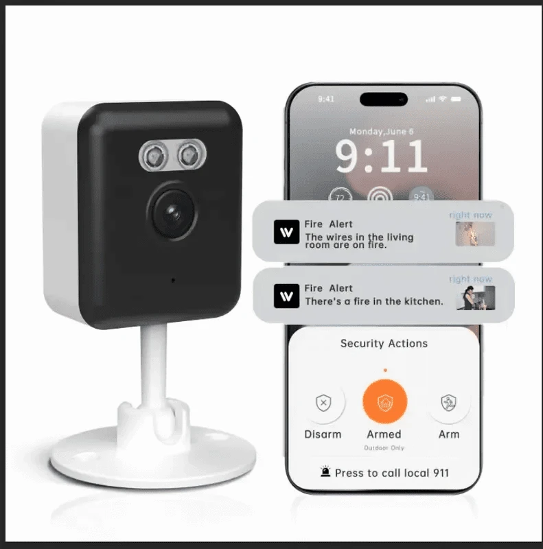 Indoor security camera with black face and white tabletop stand