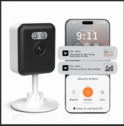 Indoor security camera with black face and white tabletop stand