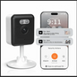 Indoor security camera with black face and white tabletop stand