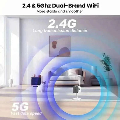 Security camera on a white base with blue coverage ring overlay in living room
