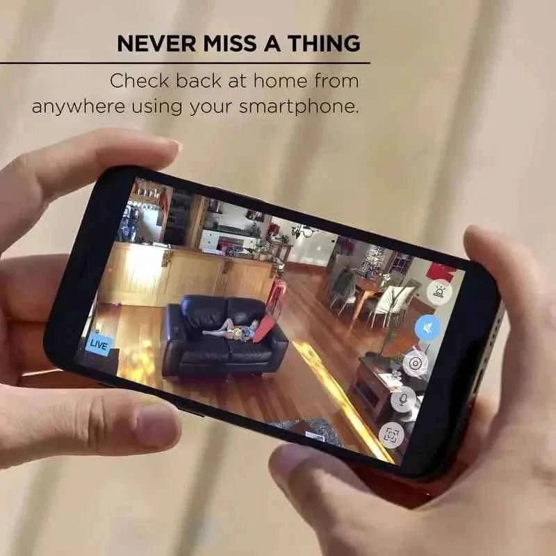 Smartphone displaying a live security camera feed with room view icons
