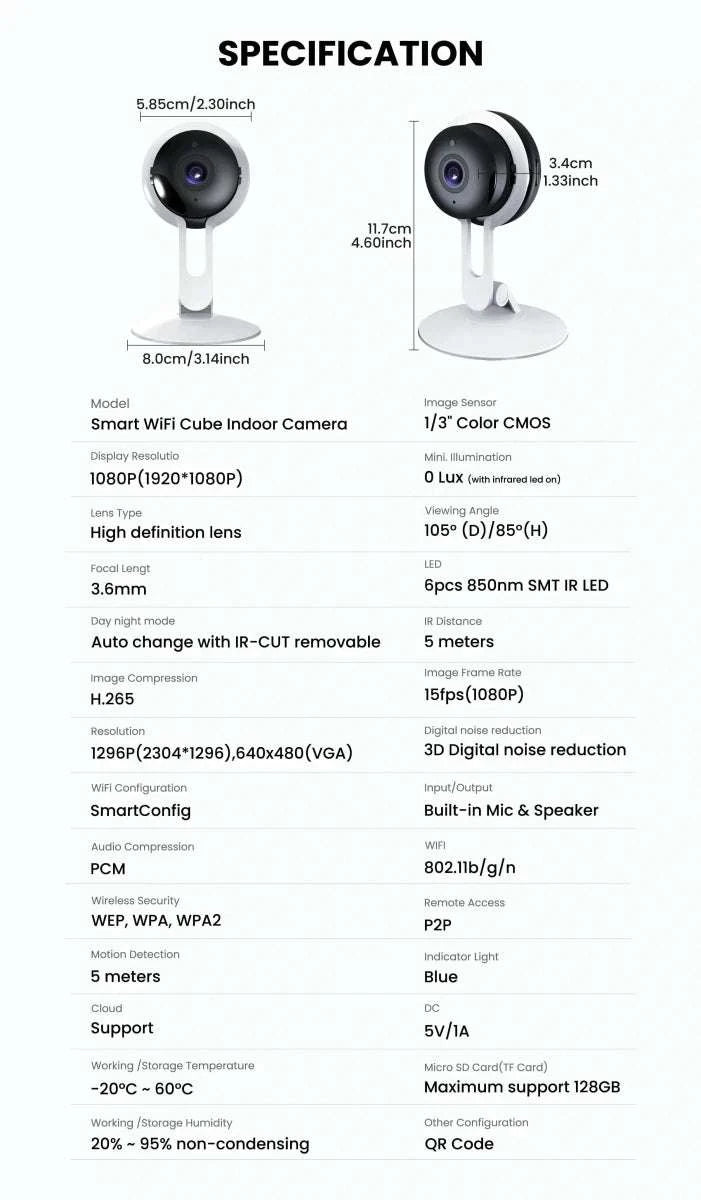 Indoor wireless smart security camera with adjustable stand and visible lens