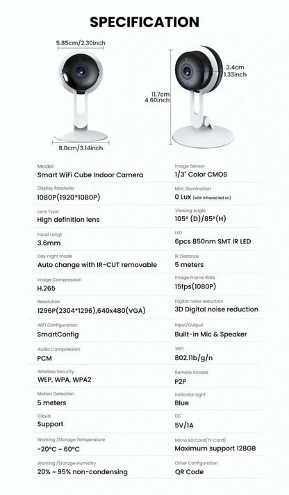 Indoor wireless smart security camera with adjustable stand and visible lens