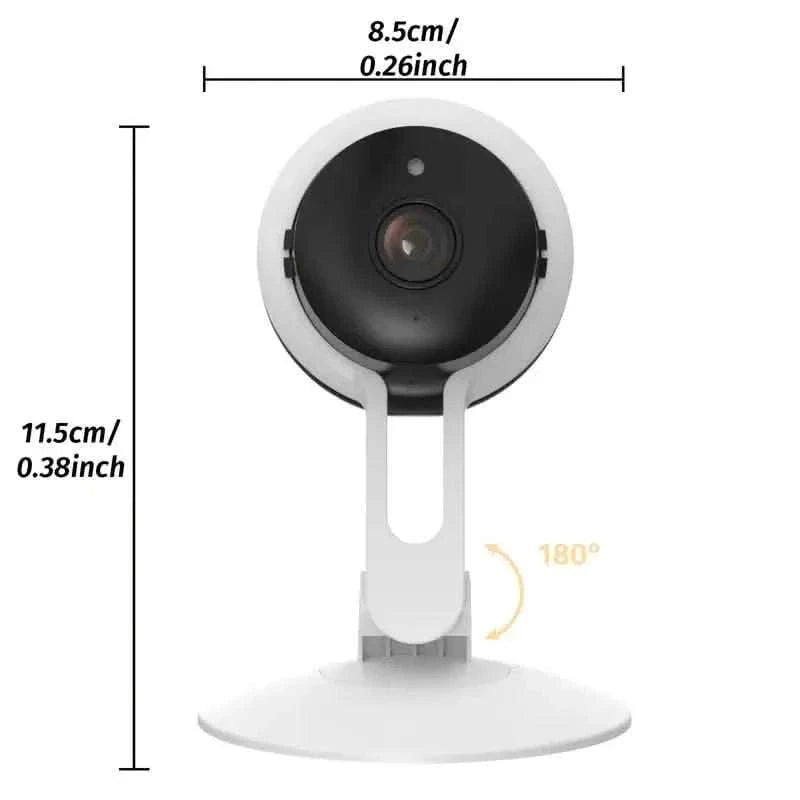 Indoor security camera on base with size diagram and 180° rotation