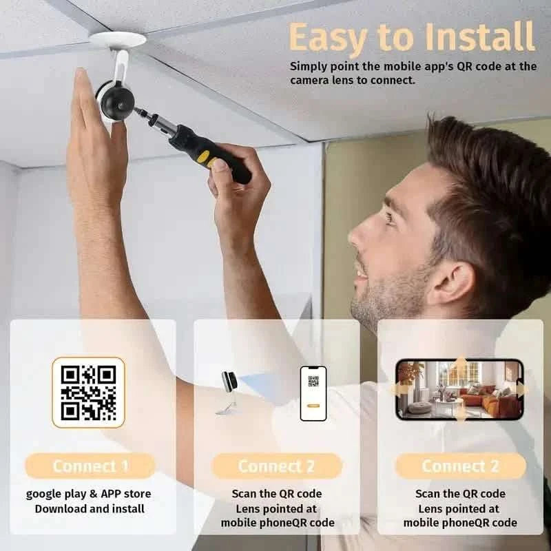 Indoor security camera installation steps with QR code setup shown