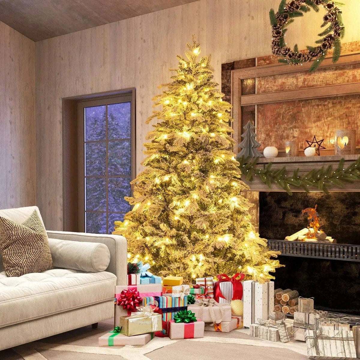 4.5/6/7 Feet Flocked Christmas Tree with Warm White LED Lights Cartsfy Inc.