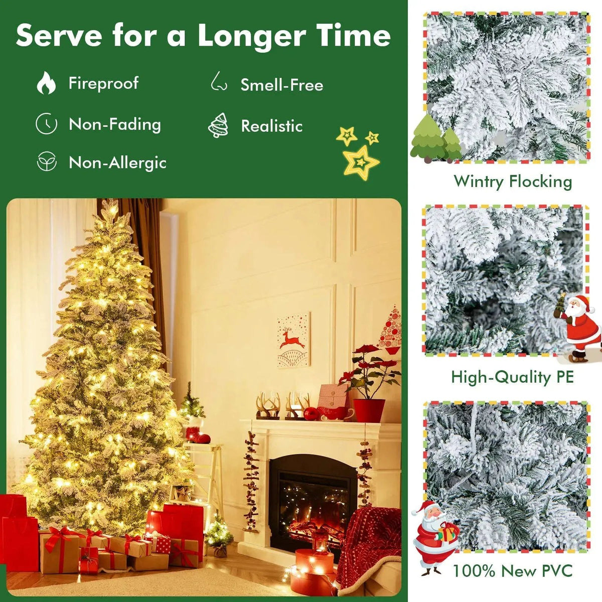 4.5/6/7 Feet Flocked Christmas Tree with Warm White LED Lights Cartsfy Inc.