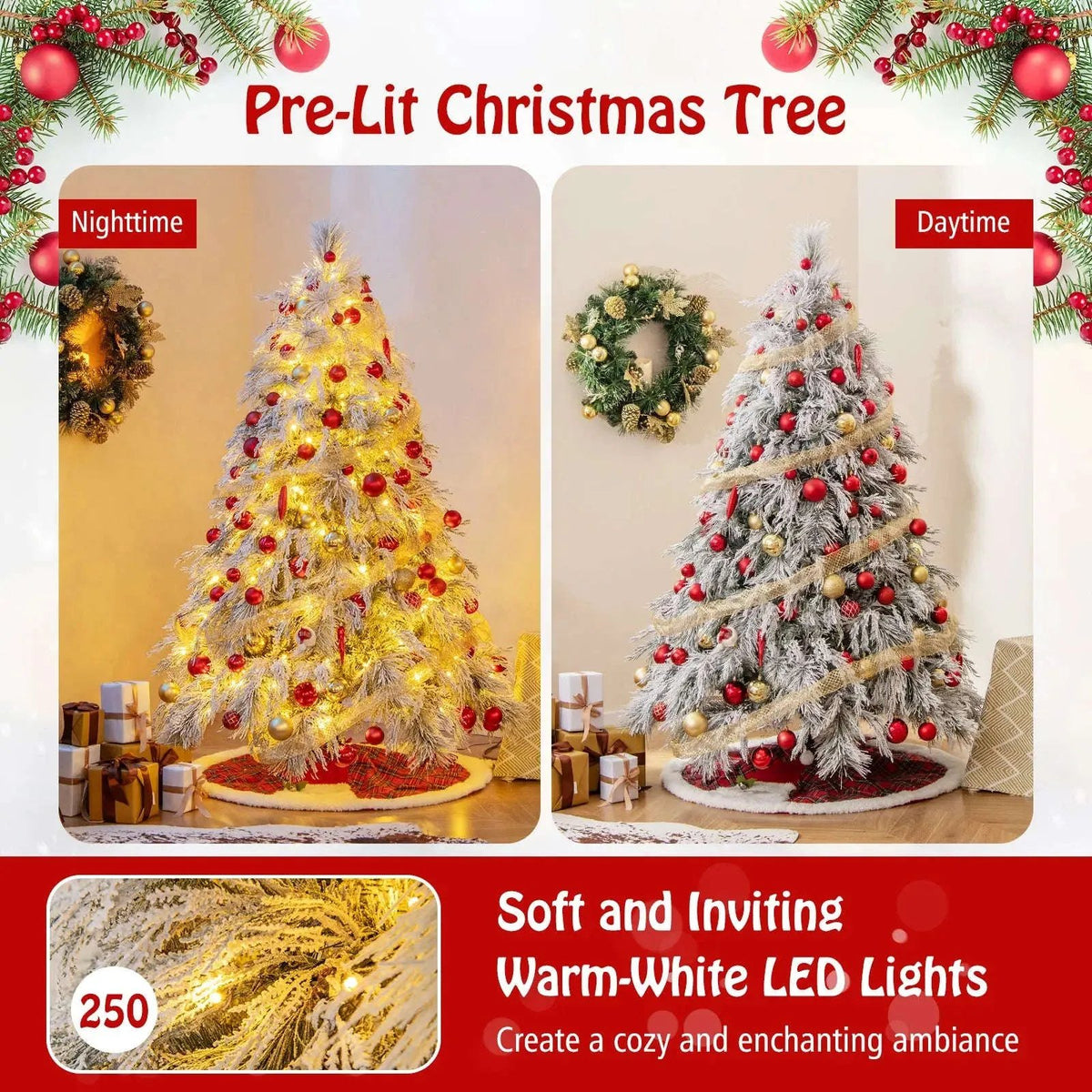 4.5/6/7 Feet Pre-Lit Snow Flocked Christmas Tree with Warm White LED Lights Cartsfy Inc.