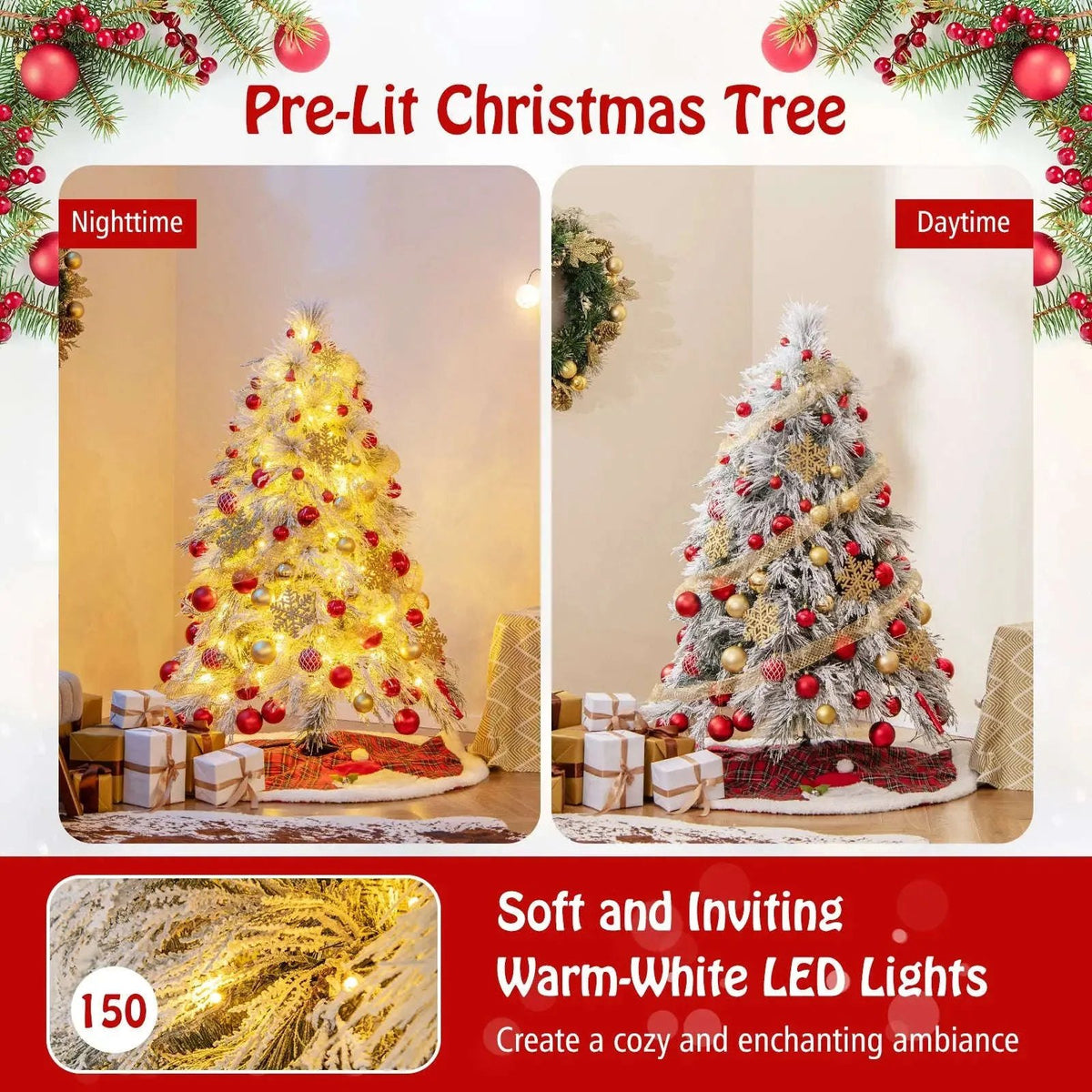 4.5/6/7 Feet Pre-Lit Snow Flocked Christmas Tree with Warm White LED Lights Cartsfy Inc.