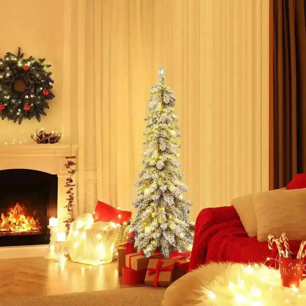 4 Feet Pre-Lit Snow-Flocked Slim Pencil Christmas Tree