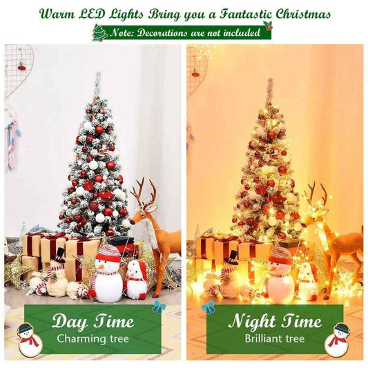 4.5 Feet Pre-Lit Snow Flocked Pencil Christmas Tree with 150 LED Light