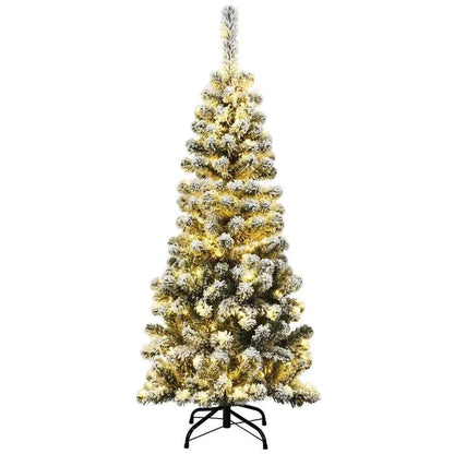 4.5 Feet Pre-Lit Snow Flocked Pencil Christmas Tree with 150 LED Lights