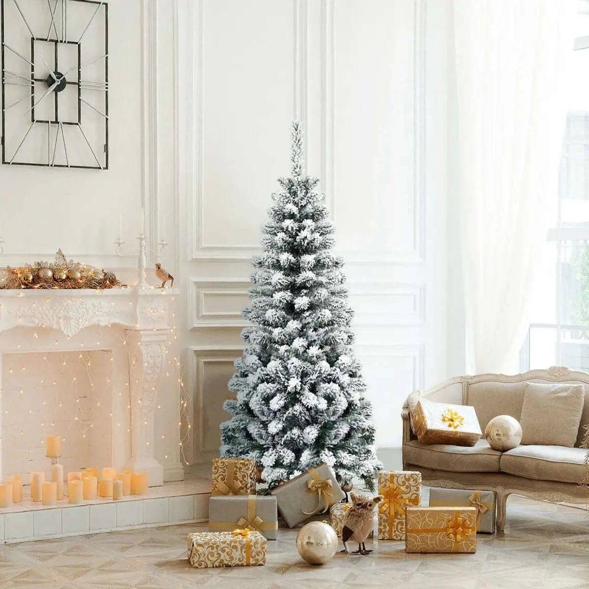 4.5 Feet Unlit Hinged Snow Flocked Artificial Pencil Christmas Tree with 242 Branch Cartsfy Inc.