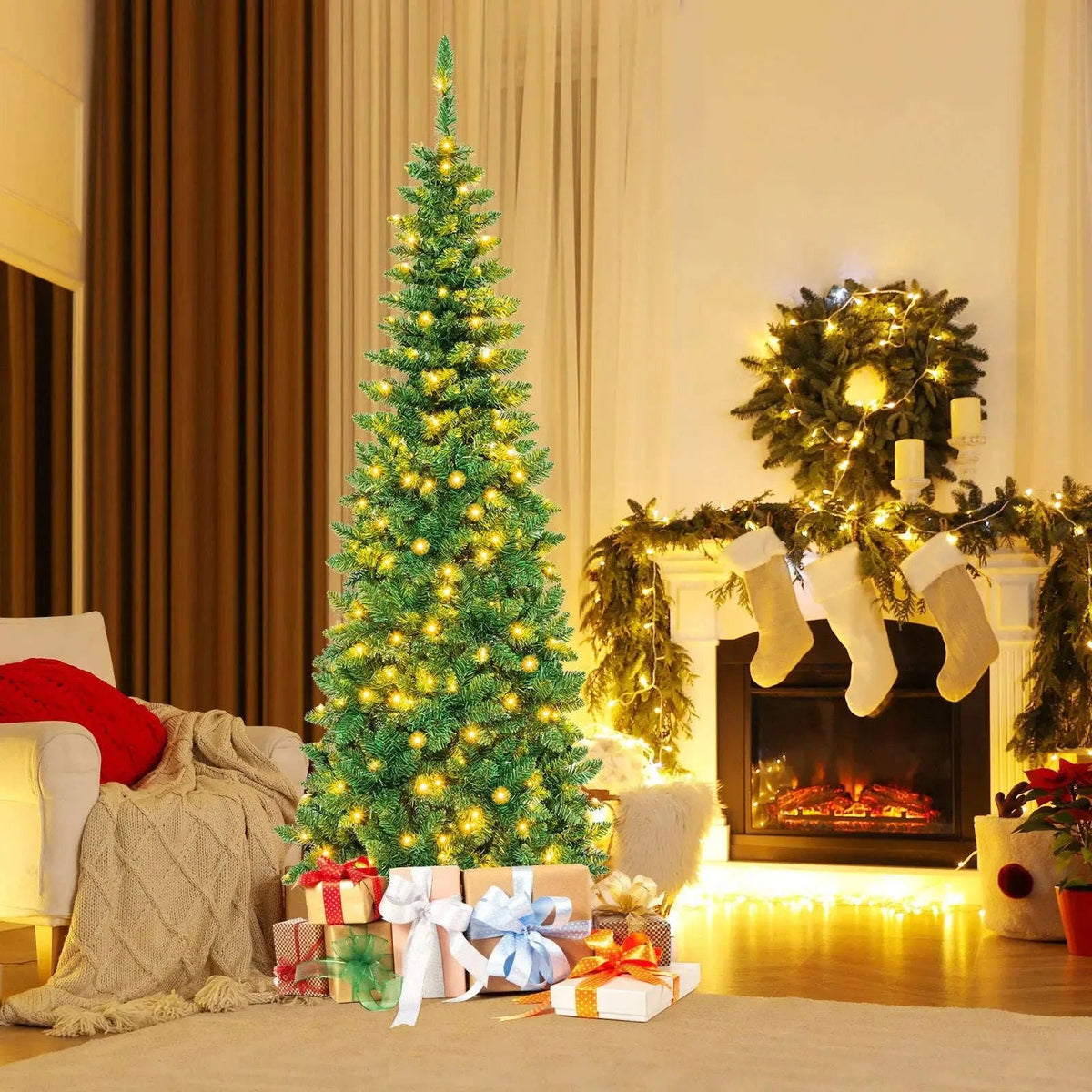 4.5 ft Pre-Lit Premium Hinged Artificial Fir Pencil Christmas Tree with LED Lights Cartsfy Inc.
