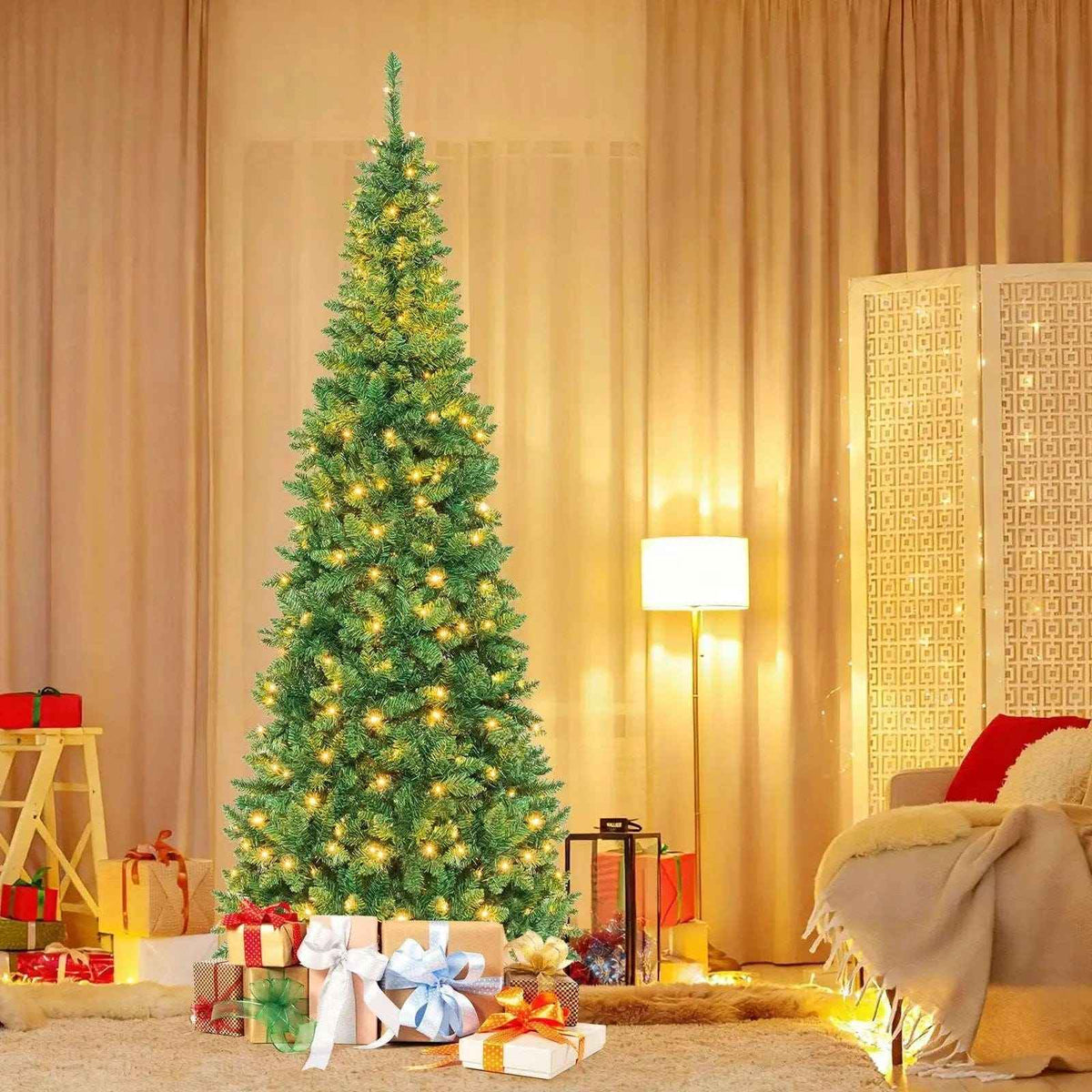 4.5 ft Pre-Lit Premium Hinged Artificial Fir Pencil Christmas Tree with LED Lights