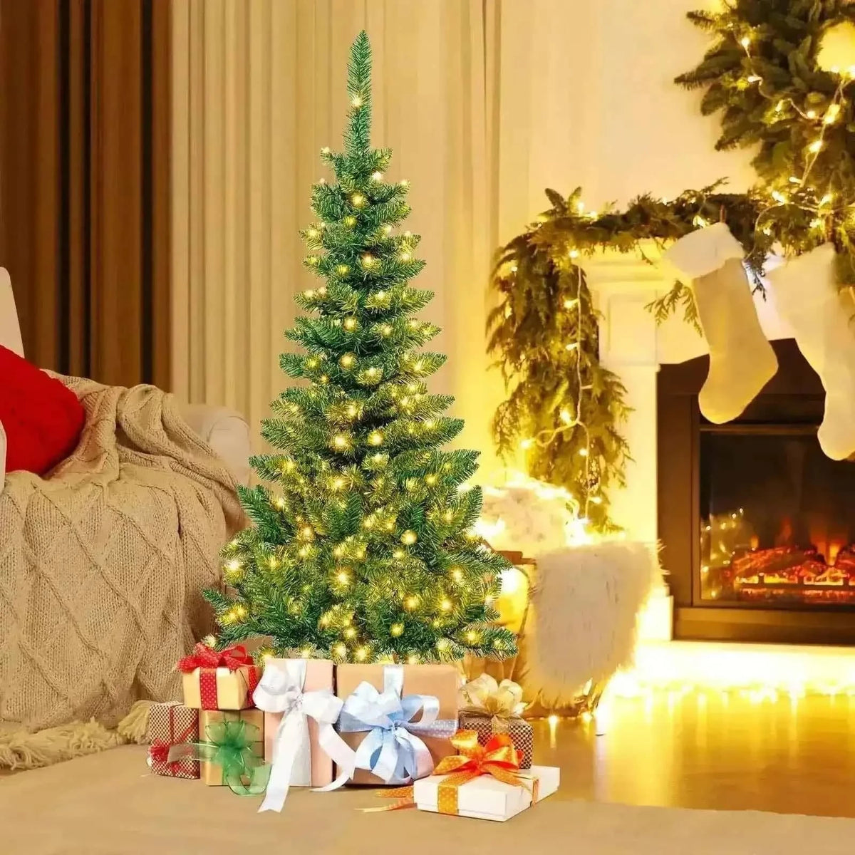 4.5 ft Pre-Lit Premium Hinged Artificial Fir Pencil Christmas Tree with warm white LED Lights