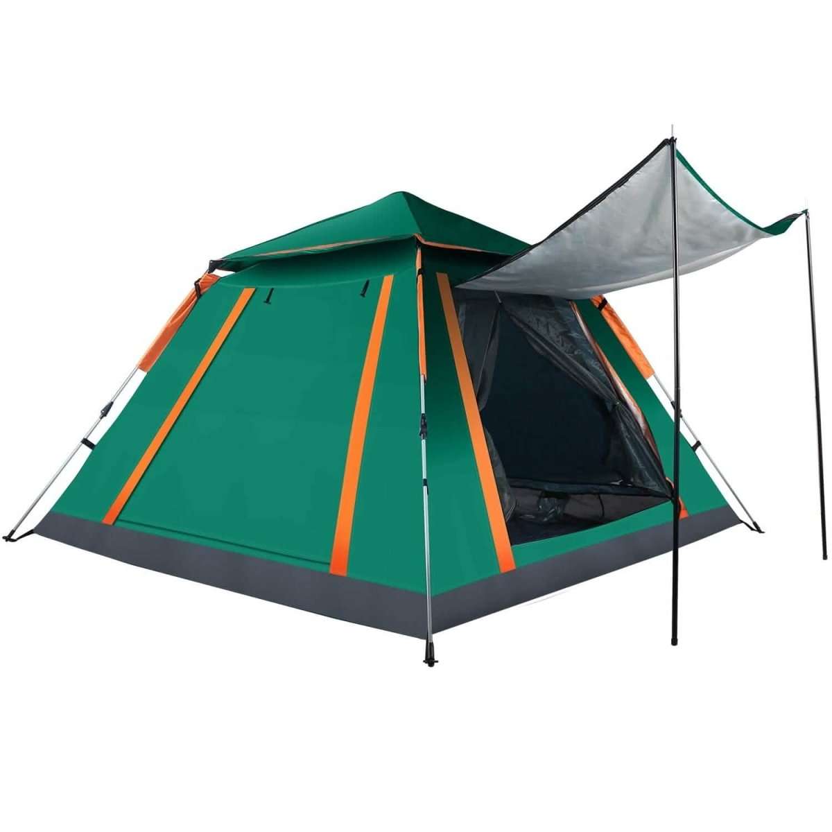4-5 person camping tent with green fabric, orange accents, and open front vestibule.