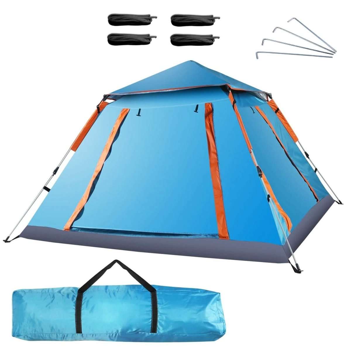 Blue 4-5 person camping tent, folded base shown with included carrying bag and stakes.