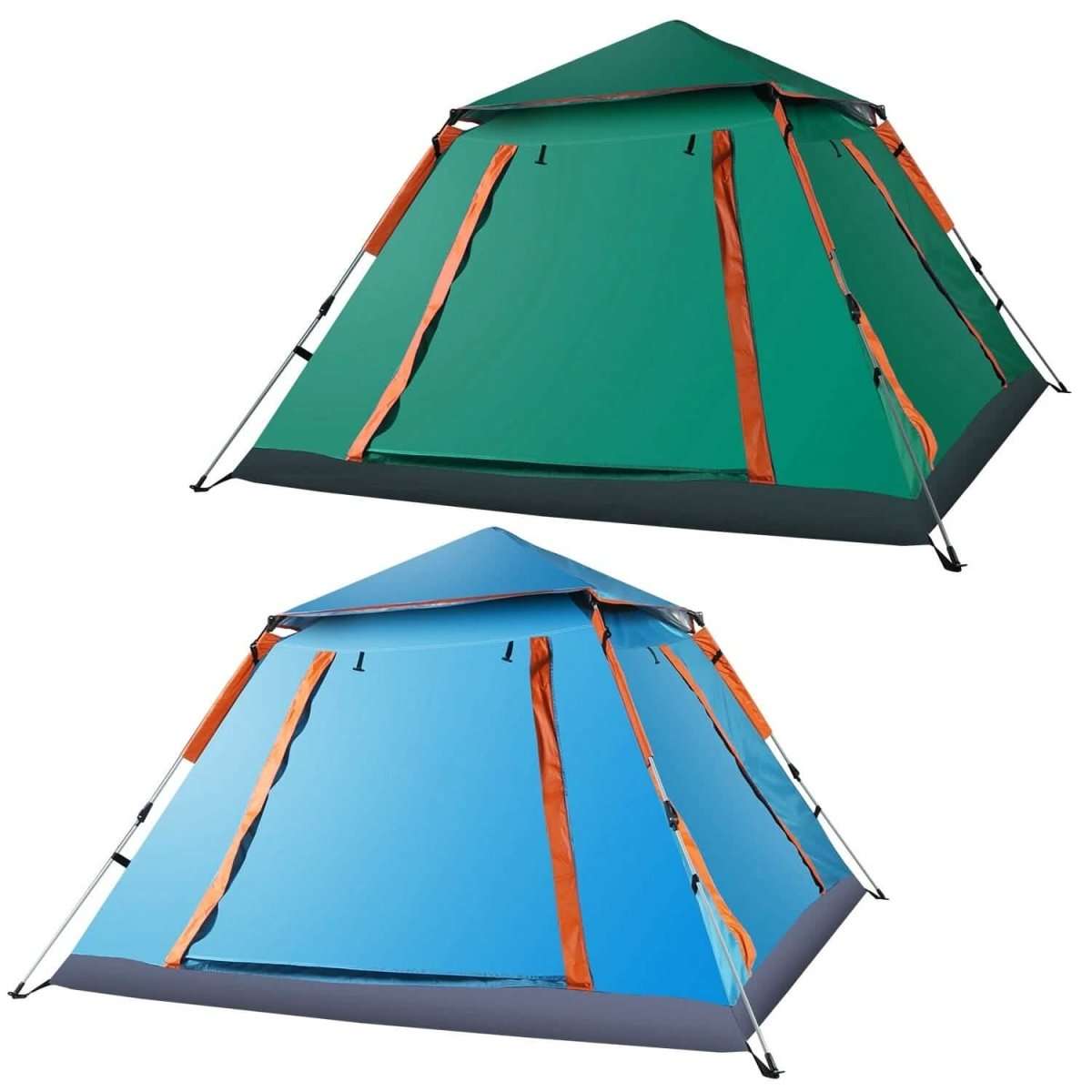 4-5 person camping tent, green dome fabric with orange trim and mesh window panels